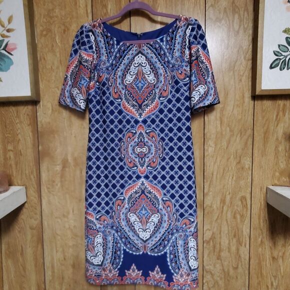 Antonio Melani | Blue and Coral Printed Sheath Dress | Size 4 - Picture 1 of 5
